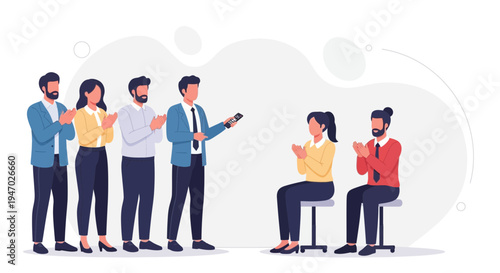 Business team applauding speaker and seated colleagues, celebrating success