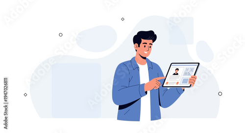 Man using tablet for online profile creation, digital resume, job search, modern flat illustration