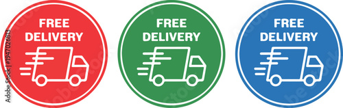 Free Delivery Round Badge Set with Fast Shipping Truck Icon, E-commerce Label Vector Illustration Collection for Online Shopping