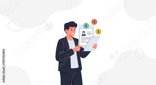 Man reviewing resume with coins, business, recruitment, and finance concept