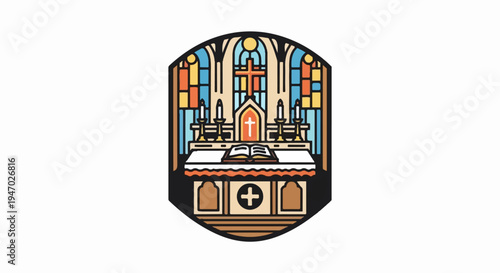Stylized stained glass altar with cross, candles, and open book
