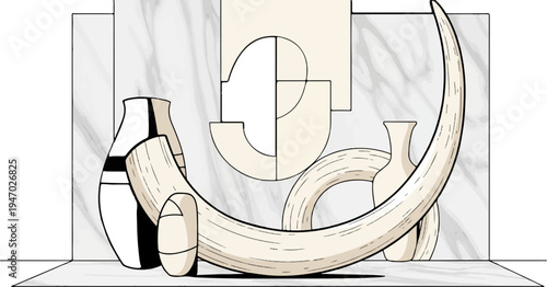 Stylized still life with curving tusk, vases, and geometric shapes on marble