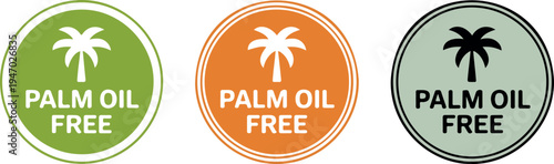 Palm Oil Free Eco Label Badge Set with Palm Tree Icon, Round Organic Food Sticker Vector Illustration Collection