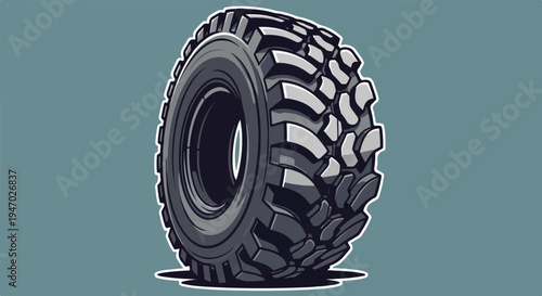 Close-up of a large, dark gray off-road tire with aggressive treads, isolated on a teal background