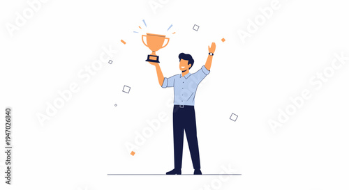 Man holding trophy, celebrating victory, confetti, successful businessman, award winner, achievement concept