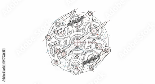 Intricate mechanical diagram of a clockwork mechanism with gears, springs, and levers