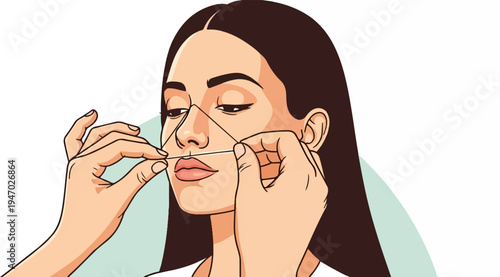 Close-up of a woman's face as a thread is used to remove facial hair above her lip