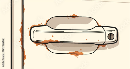 Close-up of a rusty car door handle on a light-colored vehicle, depicting wear and tear