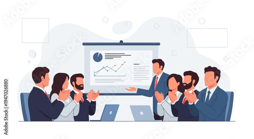 Business meeting success: team applauds speaker presenting growth chart on screen