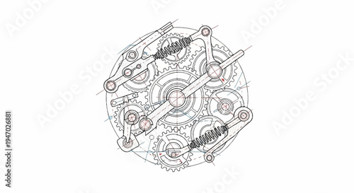 Intricate mechanical diagram with gears, springs, and levers, rendered as a blueprint