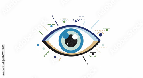 Stylized eye with geometric lines and dots, conveying vision and data