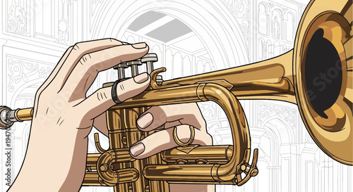 Close-up of hands playing a brass instrument against a decorative architectural background