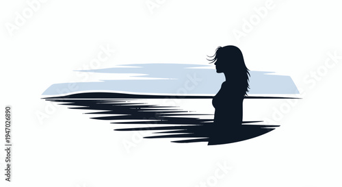 Silhouette of a woman standing by a serene water body under a cloudy sky
