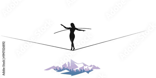 Silhouette of a woman balancing on a tightrope above a stylized city and mountain landscape