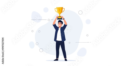Man holding a golden trophy celebrating victory, success, and achievement