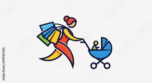 Stylized figure pushes a stroller while carrying shopping bags