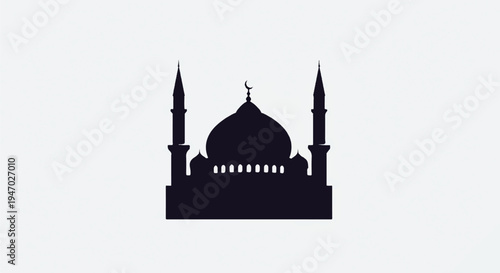 Silhouette of an Islamic mosque with a dome and two minarets against a white background