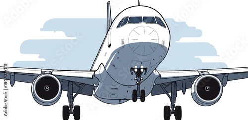 Frontal view of a passenger jet airplane with landing gear deployed against a light blue, cloudy background