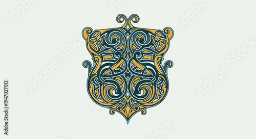 Ornate shield-like emblem with intricate interweaving curves in yellow and blue hues