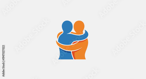 Two stylized figures, blue and orange, embrace warmly, symbolizing connection and support
