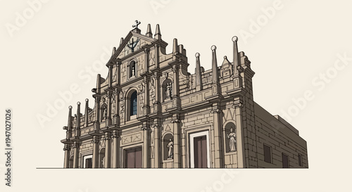 Ornate stone building facade with intricate carvings and statues, against a light background