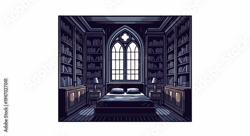 Pixelated bedroom with gothic windows, flanked by tall bookshelves filled with books