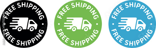 Free Shipping Round Badge Set with Fast Delivery Truck Icon, E-commerce Label Vector Illustration Collection for Online Orders