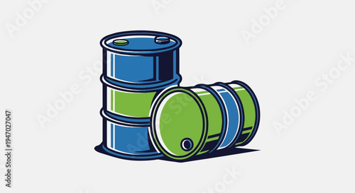 Two stylized drums, one upright and blue, the other on its side in green