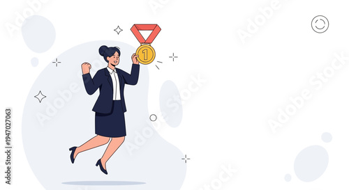 Successful businesswoman jumping with joy holding a gold medal, celebrating achievement