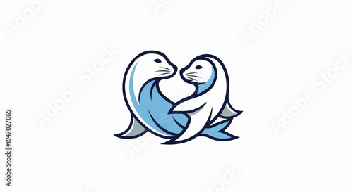 Two stylized seals, one light blue and one white, lean into each other with heads touching