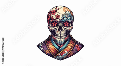 Ornate skull with floral and wave patterns, adorned in traditional robes