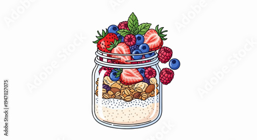 Jar overflowing with layered chia seed pudding, granola, nuts, and fresh berries