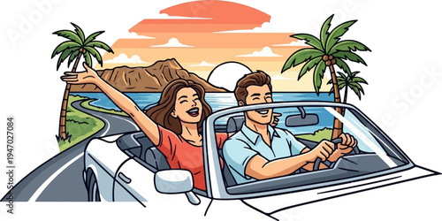 Joyful couple drives a convertible along a coastal road during a vibrant sunset