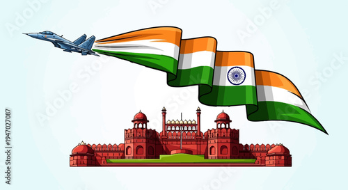 Jet flies with India's flag above historical red fort, symbolizing national pride and power