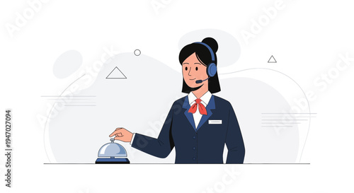 Customer Service Operator with Headset Rings Bell at Reception Desk