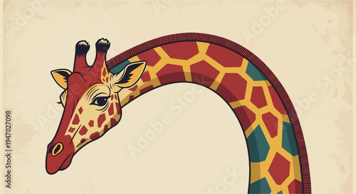 Stylized giraffe head and neck with bold red and yellow markings against a textured cream background
