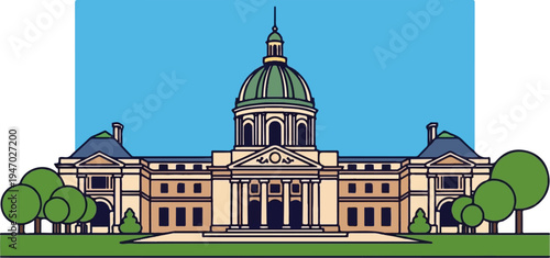 Stylized government building with dome, columns, and flanking wings, surrounded by trees