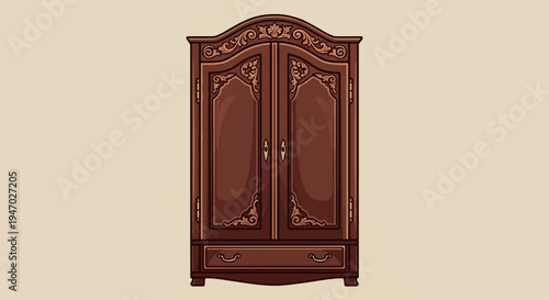 Ornate, vintage wooden wardrobe with detailed carvings and a single drawer