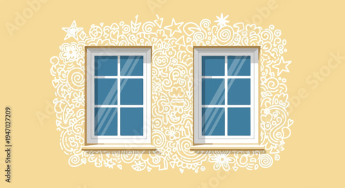 Two windows on a cream wall decorated with white doodle patterns of stars and flowers