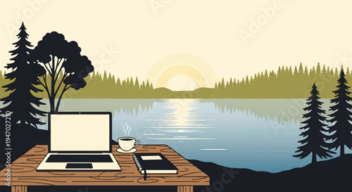 Lakeside remote work setup with laptop, coffee, and notebook at sunrise