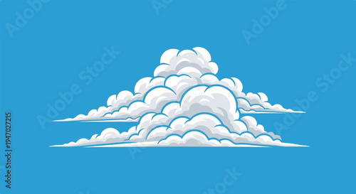 Stylized white cumulus clouds drift across a bright blue sky