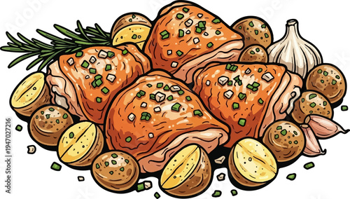 Juicy roasted chicken pieces with savory potatoes, garlic, and fresh rosemary