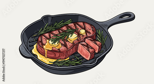 Juicy steak with melting butter and rosemary sprigs in a cast-iron grill pan