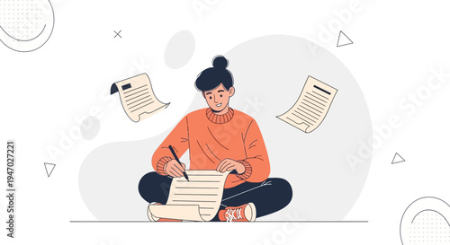 Young woman writing on paper, surrounded by floating documents, creative work concept