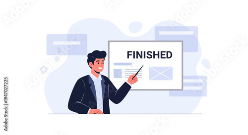 Man presenting a finished project on a whiteboard, business concept