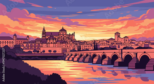 Pixelated cityscape with bridge and river at sunset