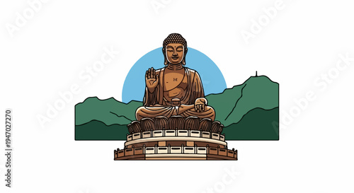 Large bronze Buddha statue seated atop a lotus petal pedestal, against a backdrop of green mountains and blue sky