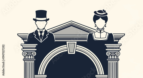 Stylized historical figures stand amidst classical architectural elements