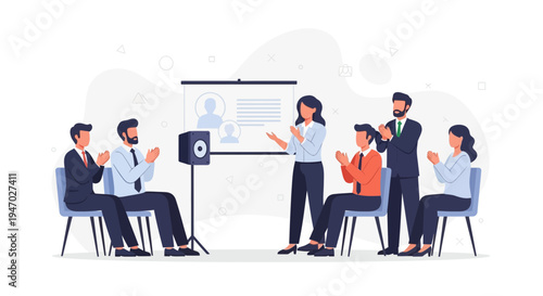 Business meeting presentation success, audience applauding speaker at whiteboard