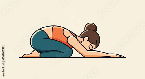 Stylized woman in yoga pose, arms extended forward, resting on floor